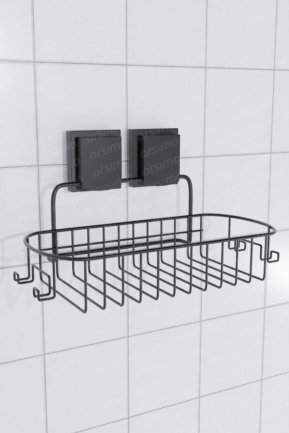 Yapışkanlı Mat Siyah Tek Katlı Askılı Metal Banyo Mutfak Rafı Stand | Pratik Banyo Mutfak Raf