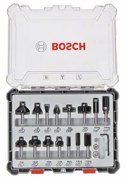 Bosch 15 Parça Profesyonel Karışık Freze Bıçağı (Ucu) Seti 8 mm Şaftlı