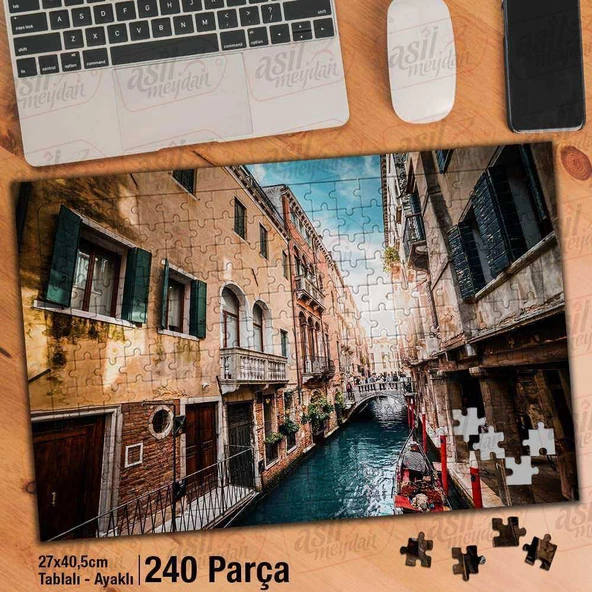Asil Hobi Venedik Su Kanalı -Evler -Kayık -Manzara Yapboz -Ayak Destekli Çerçeveli 240 Parça Puzzle - 1