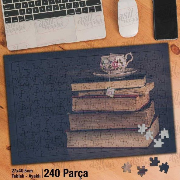 Asil Hobi Üstüste İstiflenmiş Kitap Yığını - Çay Yapboz -Ayak Destekli Çerçeveli 240 Parça Puzzle