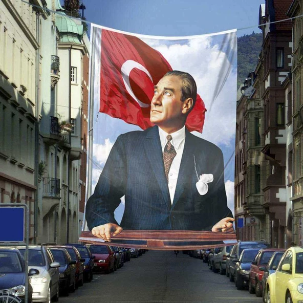 Ay Yıldızlı Sivil Mustafa Kemal Atatürk - Portre Cephe Poster Bayrak-Okul - Kutlama - Anı -6x9 metre