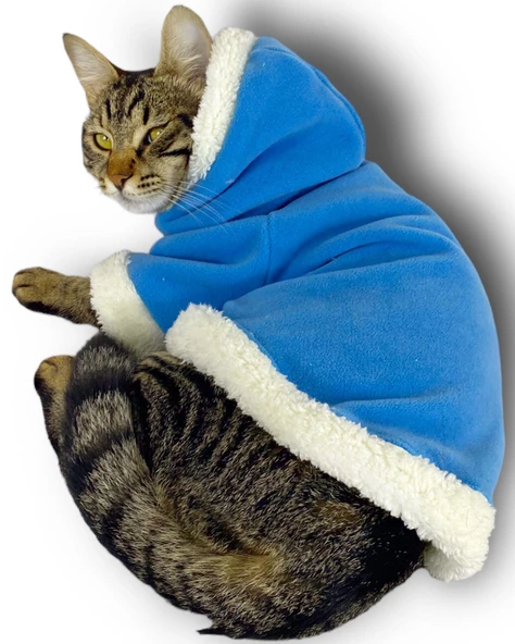Blue Furry Kapşonlu Sweatshirt Ceket Kedi Süeteri Kıyafeti - 5