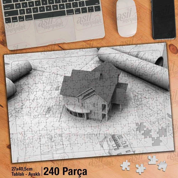 Asil Hobi Gri Maket Ev - Proje - Çizim - Mimari Yapboz-Ayak Destekli Çerçeveli 240 Parça Puzzle
