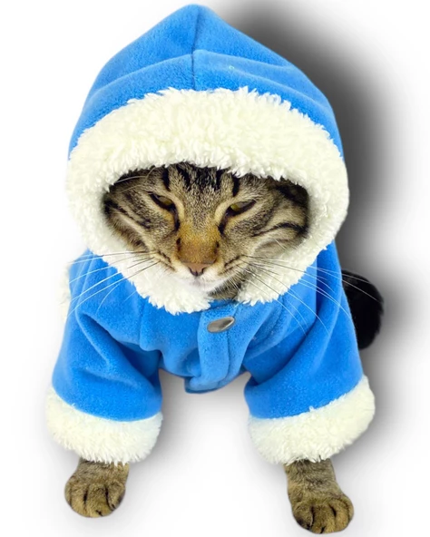 Blue Furry Kapşonlu Sweatshirt Ceket Kedi Süeteri Kıyafeti