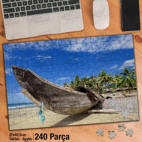 Asil Hobi Kayık - Kumsal - Deniz - Ağaçlar - Manzara Yapboz-Ayak Destekli Çerçeveli 240 Parça Puzzle
