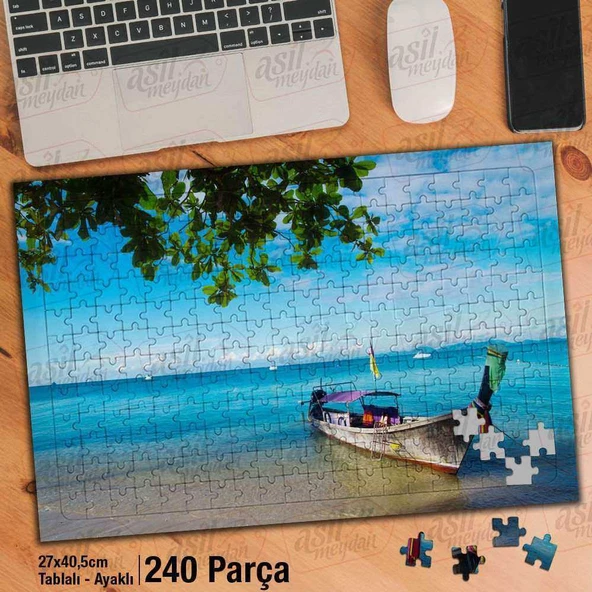 Asil Hobi Kayık - Ağaç Yaprakları - Deniz - Manzara Yapboz-Ayak Destekli Çerçeveli 240 Parça Puzzle - 1