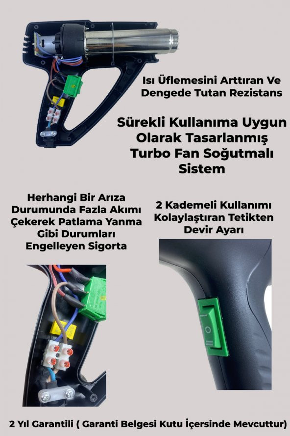 Lieber German Alman 2000 Watt Hybrid Motorlu Akım Korumalı Bakır Rezistans 2 Kademeli Sıcak Hava Isı Tabancası - 2