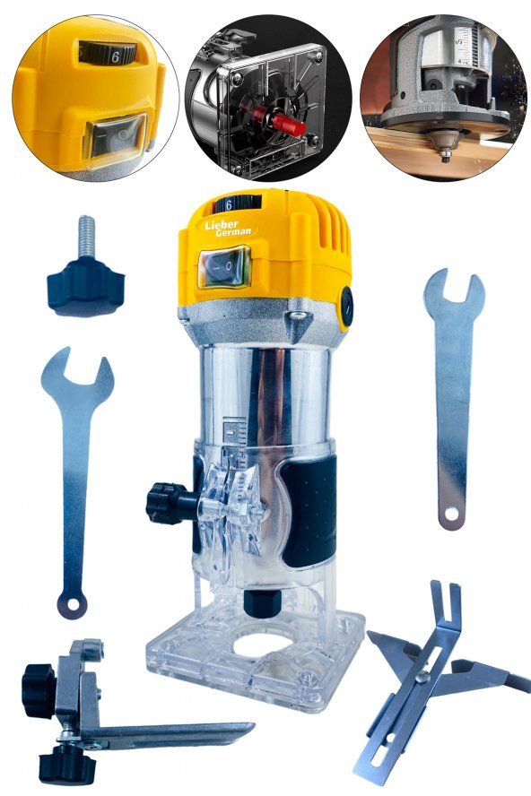 Lieber German Teknoloji 1200 Watt Devir Ayarlı 6 Mm Tam Profesyonel Traşlama Formika Freze Makinesi  Aparat Seti