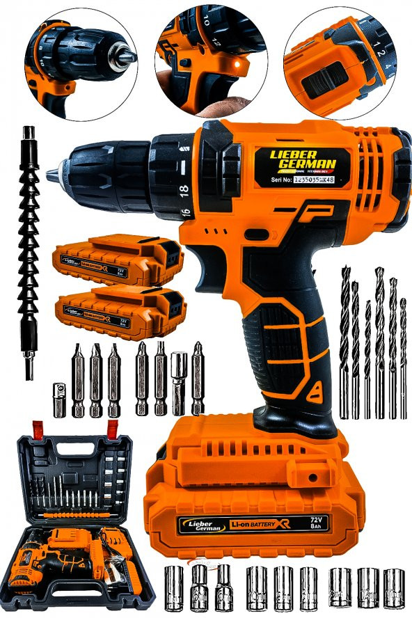 Lieber German 12 V 1.5 Ah Lokma Setli Çift Metal Şanzuman Bakır Sargılı Motor Şarjlı Çift Akülü Vidalama Matkap