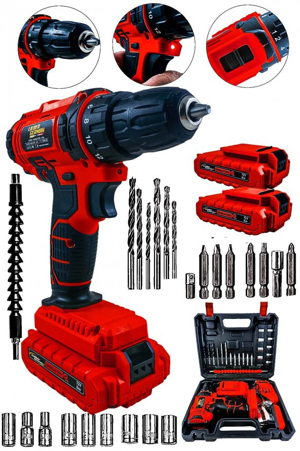 Lieber German 12 V 1.5Ah Lokma Setli Çift Metal Şanzuman Bakır Sargılı Motor Şarjlı Çift Akülü Vidalama Matkap - 2