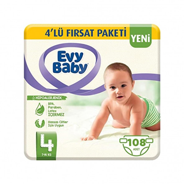 Evy Baby Bebek Bezi 4 Beden (7-14 Kg) Maxi %100 Doğal Pamuk, 108 Adet
