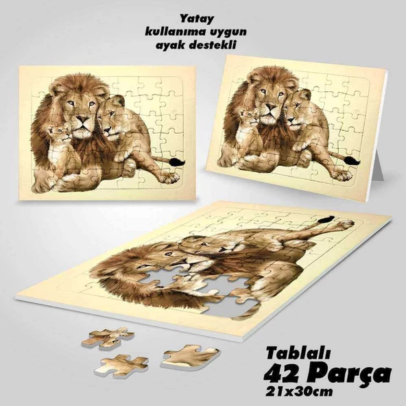 Asil Hobi Aslan Ailesi - Anne - Baba - Yavru Aslan Yapboz- Ayak Destekli Çerçeveli 42 Parça Puzzle