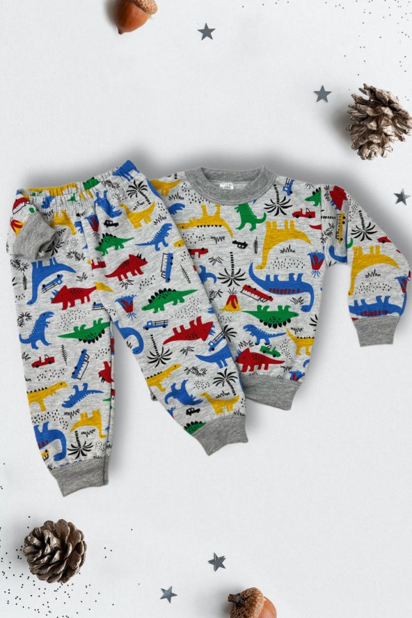 Kumy Baby Kids Dinozor Baskılı Erkek Çocuk 2 İplik Pijama Takımı 1-4 Yaş
