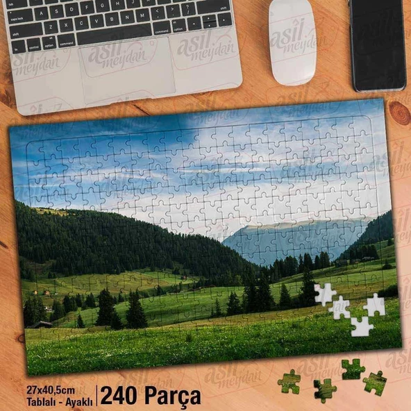Asil Hobi Dağlar -Çimen - Ot -Ağaçlar-Doğa-Manzara Yapboz -Ayak Destekli Çerçeveli 240 Parça Puzzle
