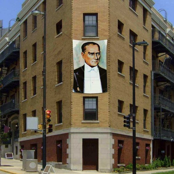 Sivil Mustafa Kemal Atatürk Portre Poster Cephe Bayrağı -Bayrak -2x3 metre