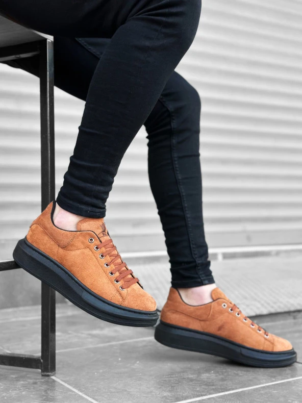 BA0547 BOA Kalın Yüksek Taban Taba Siyah Süet Bağcıklı Spor Erkek Ayakkabı - Resim 3