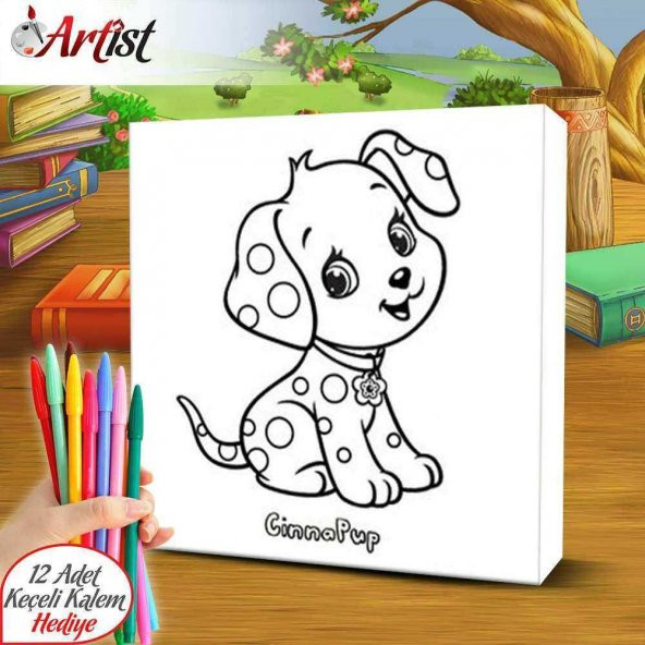 Çocuklar için Tatlı Köpek Cinna Kanvas Boyama Eğitim Tablosu 12li Kalem Hediye -25x25cm - 1