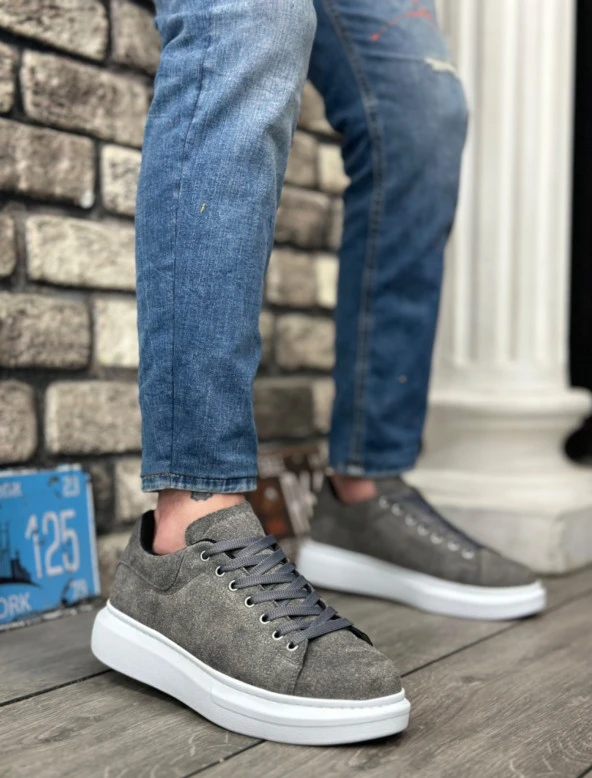 BA0547 BOA Kalın Yüksek Taban Gri Süet Bağcıklı Spor Erkek Ayakkabı ürün görseli 1