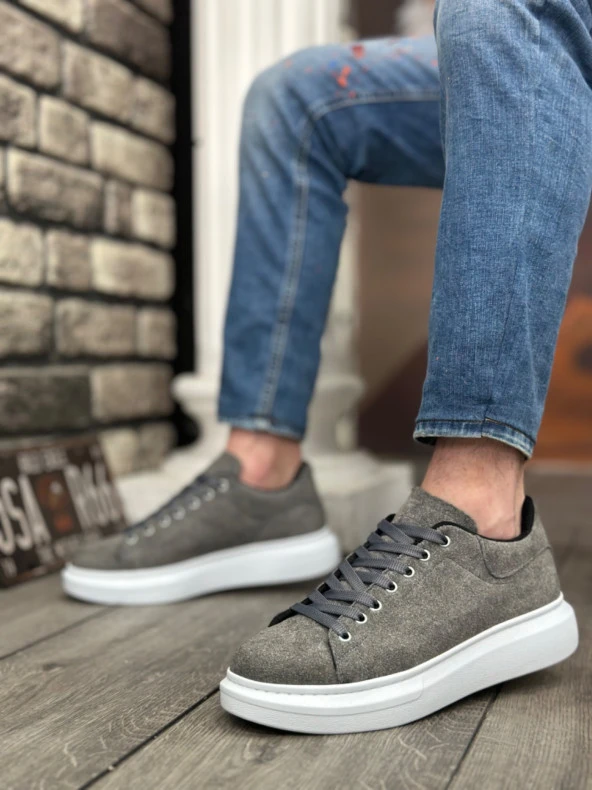 BA0547 BOA Kalın Yüksek Taban Gri Süet Bağcıklı Spor Erkek Ayakkabı - Resim 2