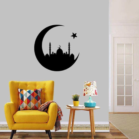 Ay Yıldız Camii Silüeti Dini Dekoratif Duvar Sticker, Çıkartma, Etiket