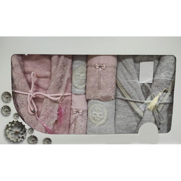 Cotton Market 6lı Nakışlı Kadife Bornoz Seti -Pembe / Krem