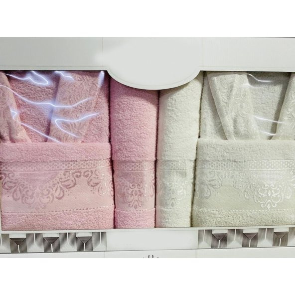 Cotton Market 6lı Bornoz Seti -Pudra / Beyaz