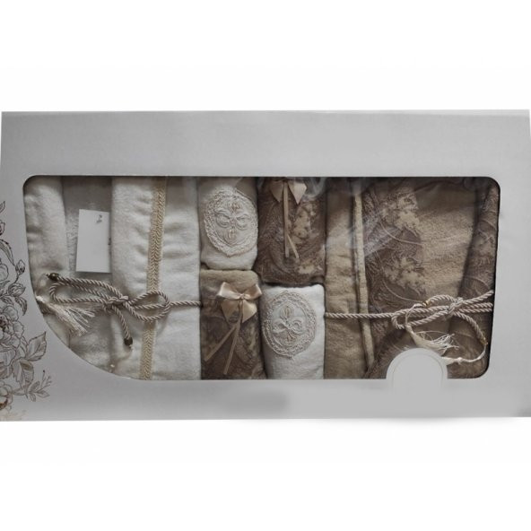 Cotton Market 6lı Nakışlı Bornoz Seti -Krem / Kahve