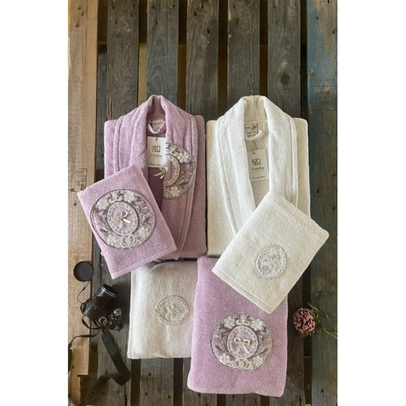 Cotton Market 6lı Nakışlı Bornoz Seti -Açık Mor / Beyaz
