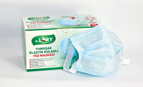 Dr. Lory Plus 3 Katlı Yumuşak Elastik Kulaklı Burun Telli Meltblown Maske 50li