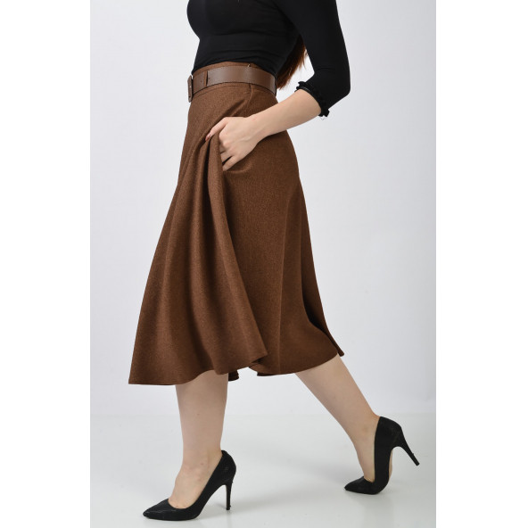 SORALLİNE KADIN KLOŞ ETEK 70 CM BOYUNDA KIŞLIK 780 KAHVE - 3