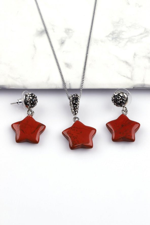 Red Jasper Doğal Taş Kolye - Küpe 2li Set