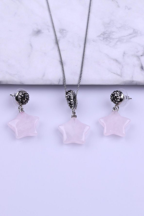 Pembe Kuvars Doğal Taş Kolye - Küpe 2li Set