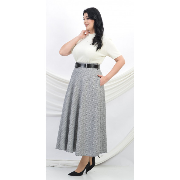 SORALLİNE KADIN KLOŞ ETEK 95 CM BOYUNDA BUKLET KUMAŞ 779 SİYAH -BEYAZ - 2