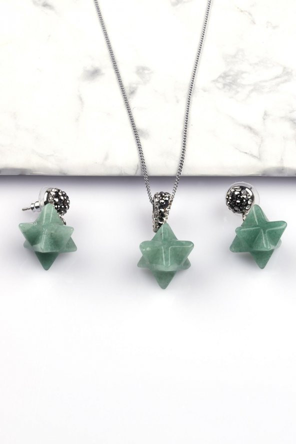 Aventurin Doğal Taş Merkaba Kolye - Küpe 2li Set ürün görseli