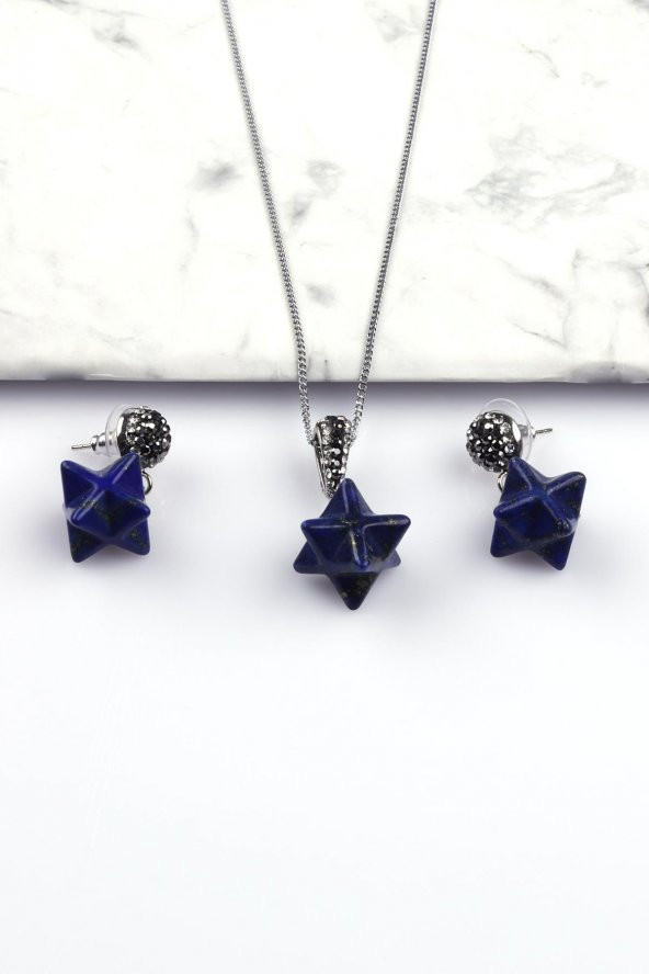 Lapis Lazuli Doğal Taş Merkaba Kolye - Küpe 2li Set