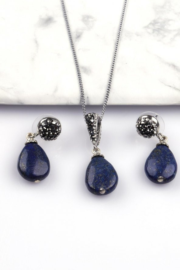 Lapis Lazuli Doğal Taş Kolye - Küpe 2li Set