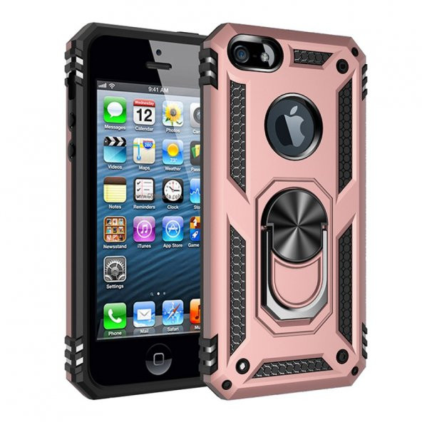 iPhone 5/5S/SE Kılıf Sofya Yüzüklü Standlı Korumalı Kılıf - 4