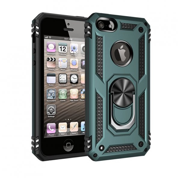 iPhone 5/5S/SE Kılıf Sofya Yüzüklü Standlı Korumalı Kılıf - 7