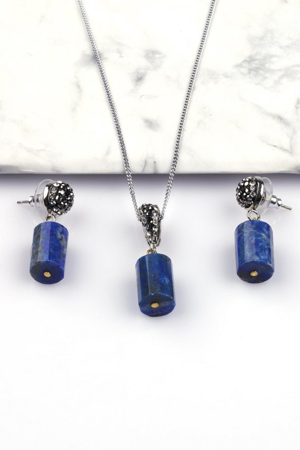 Lapis Lazuli Doğal Taş Silindir Kesim Kolye - Küpe 2li Set