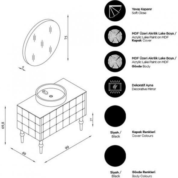 Karen Banyo Onyx 100 CM Banyo Dolabı, Siyah, Lavabo Dahil - 2