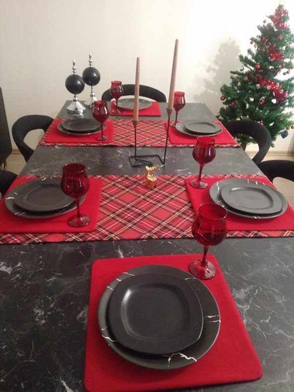 Ayşemce yılbaşı Amerikan servis takım 6 kırmızı kare supla,2 adet ekose desenli runner - 2