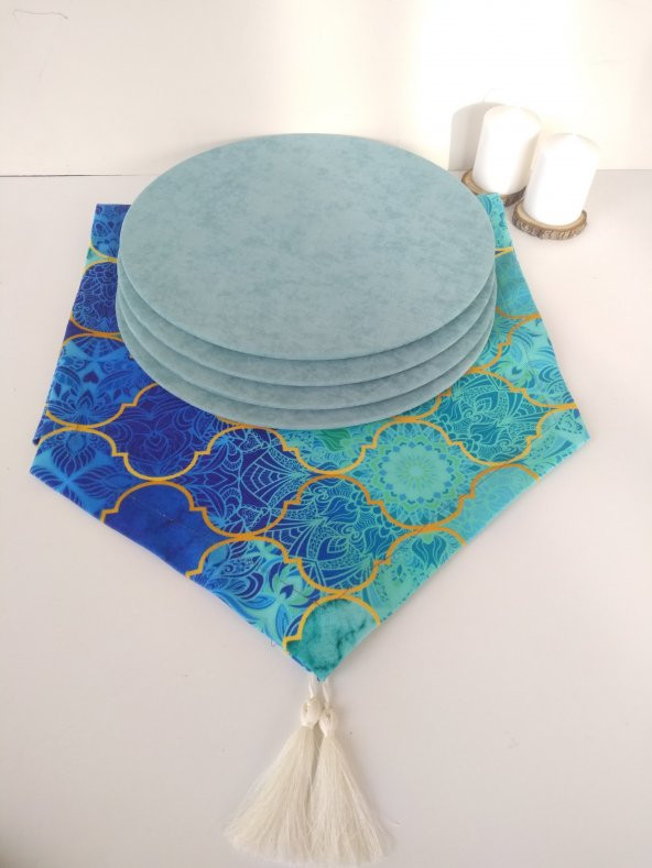 Ayşemce Mavi Kupa Desenli runner, 4 mint yeşili renk supla - 2