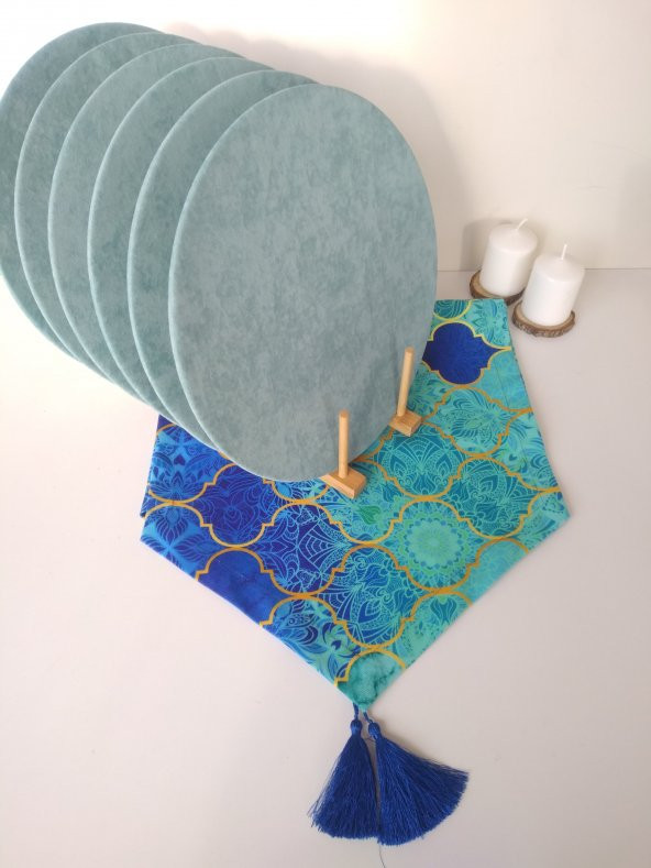 Ayşemce Mavi Kupa Desenli runner, 6 mint yeşili renk supla - Resim 3