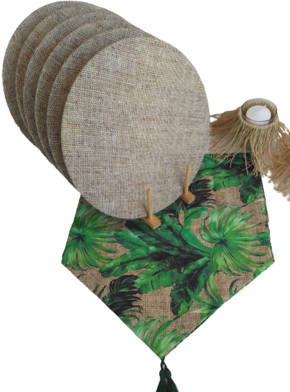 Ayşemce amerikan servis muz, tropikal yapraklı desenli runner 6 çuval,hasır görünümlü supla - 2