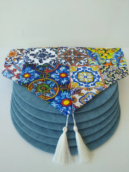 Ayşemce çini desenli runner, 6 açık mavi renk supla - 2