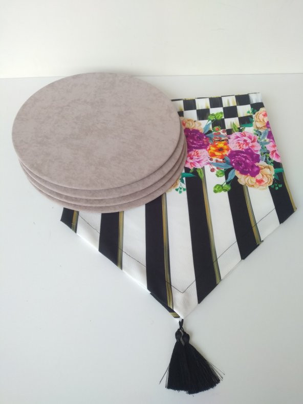 Ayşemce amerikan servis takım 4 krem renk supla, damalı ,(mackenzie çiçek desenli) runner. - 2