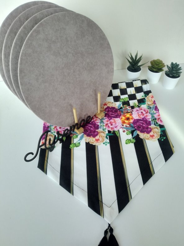 Ayşemce amerikan servis takım 4 krem renk supla, damalı ,(mackenzie çiçek desenli) runner. - 3