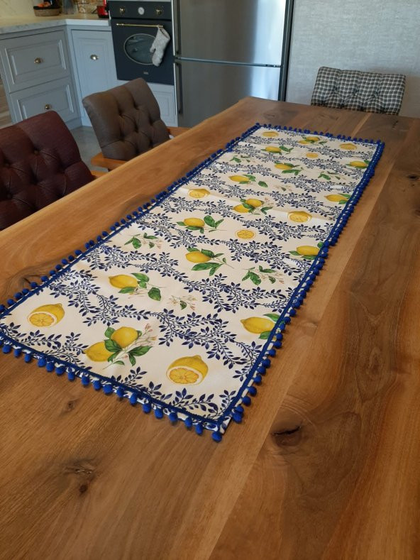 Ayşemce amerikan servis limon desenli koyu mavi ponponlu dikdörtgen runner - 2