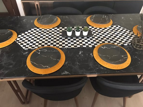 Ayşemce amerikan servis takım (damalı makkenzi desen baskılı runner) 6 sarı supla - 2