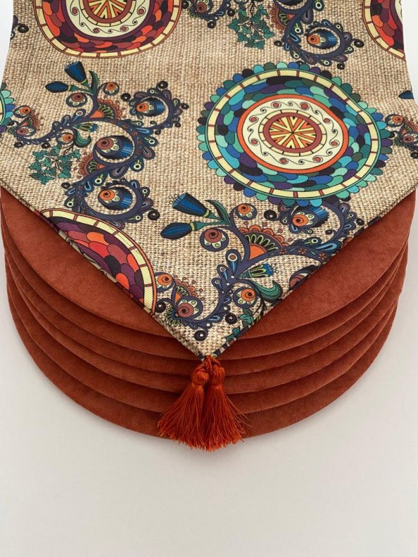 Ayşemce amerikan servis takım çuval zemin etnik mandala desenli runner ,6 kremit renk supla